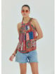 Halter Neck Button Detail Pleated Blue Sleeveless Blouse 4676